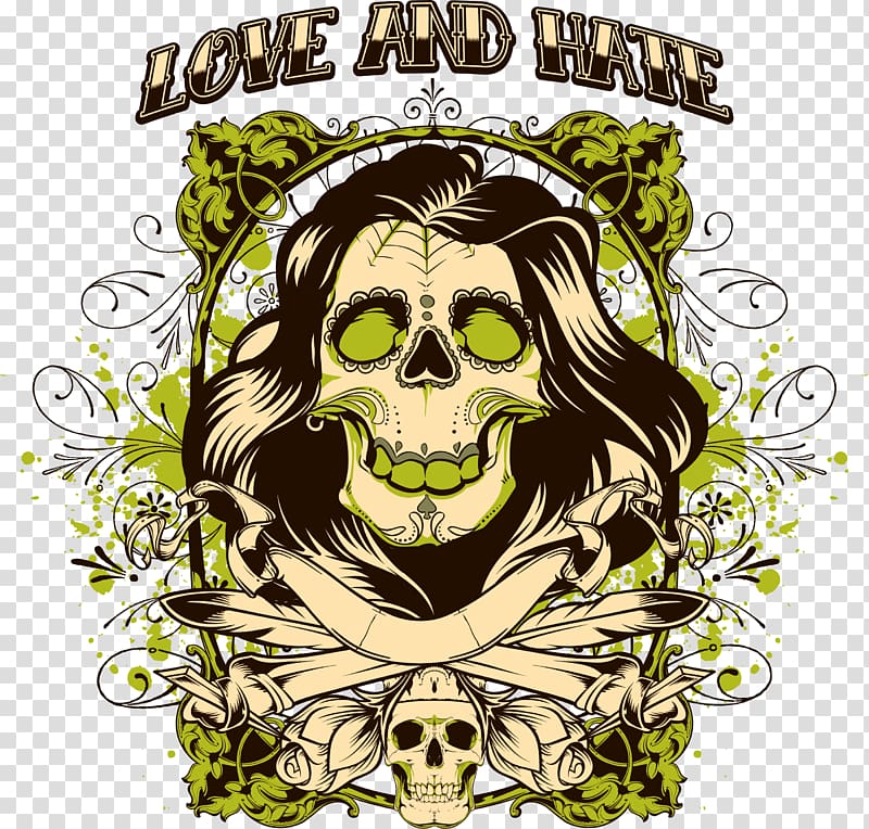 love and hate logo, T-shirt Skull illustration, Long skull print transparent background PNG clipart