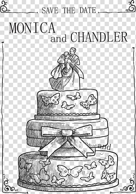 Save the Date Monica and Chandler text, Wedding cake Birthday cake Drawing, Hand drawn material wedding cake invitations transparent background PNG clipart