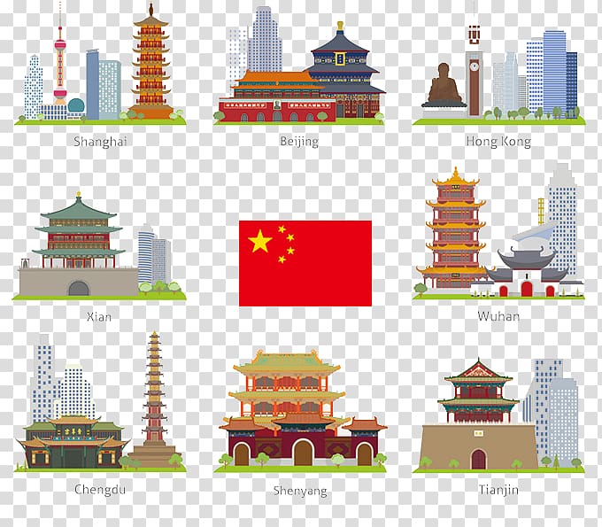 China Landmark Icon, Flat Chinese characteristics Landmarks transparent background PNG clipart