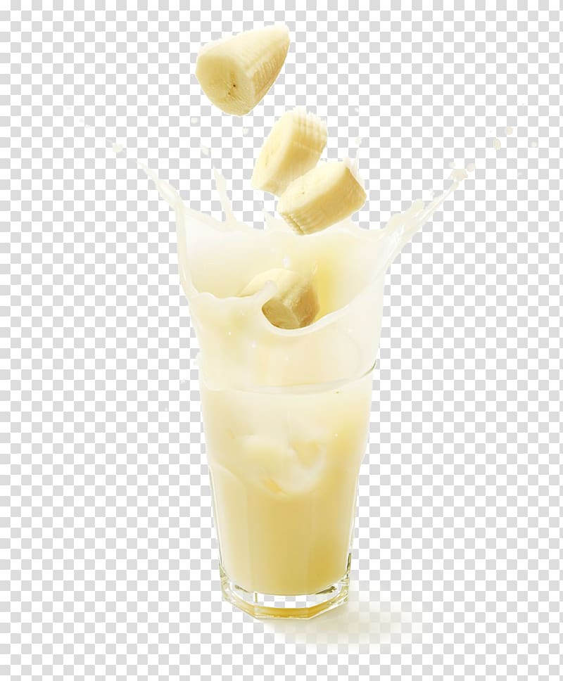 sliced banana and drinking glass, Banana Flavored Milk Juice Milkshake, Banana milk transparent background PNG clipart