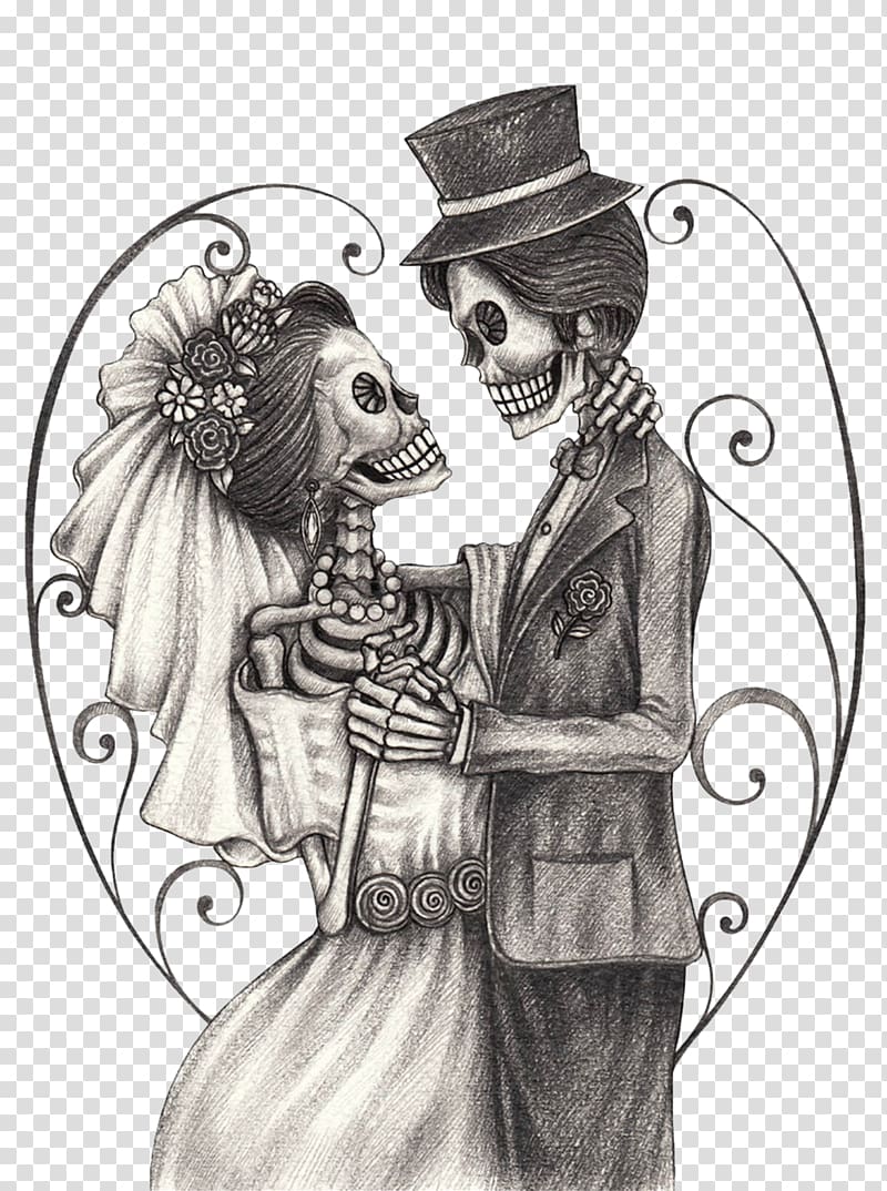 skeleton couple illustration, Calavera Day of the Dead Drawing Bridegroom, Halloween Wedding transparent background PNG clipart