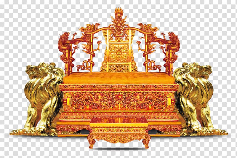 gold wooden chest and table, Forbidden City Emperor of China Table Throne Chair, Golden Throne A pair of lions transparent background PNG clipart