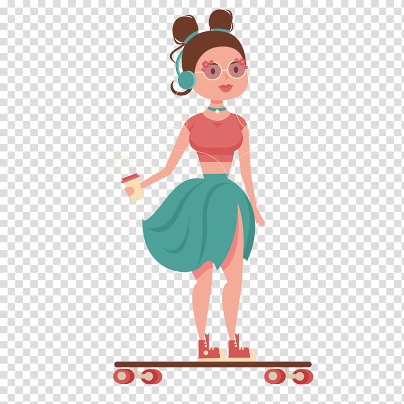 Music Illustration, Skateboard girl listening to music transparent background PNG clipart