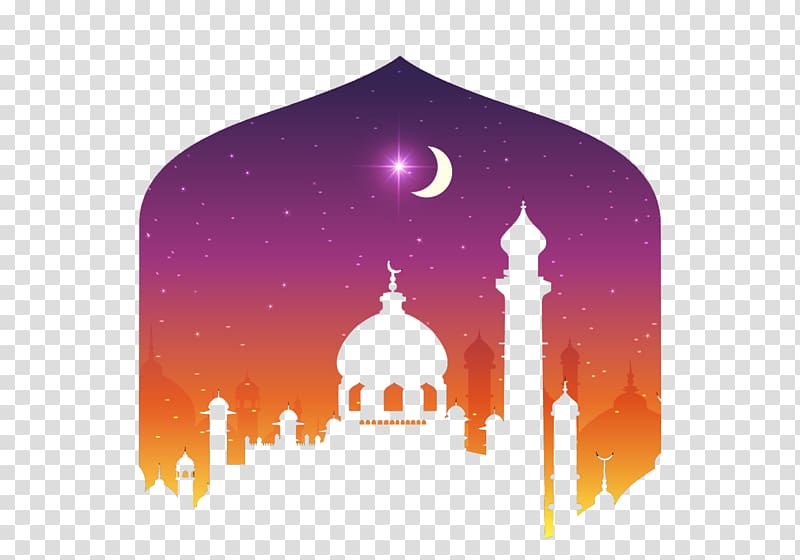 purple and orange mosque animated illustration, Eid al-Fitr Kartu Lebaran Illustration, Moonlight Castle transparent background PNG clipart