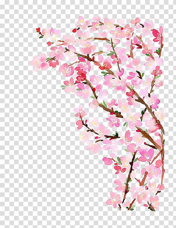 Pink Petaled Flowers Painting Paper Cherry Blossom Watercolor