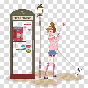 Telephone booth Cartoon Illustration, A woman standing in front of a telephone booth transparent background PNG clipart thumbnail