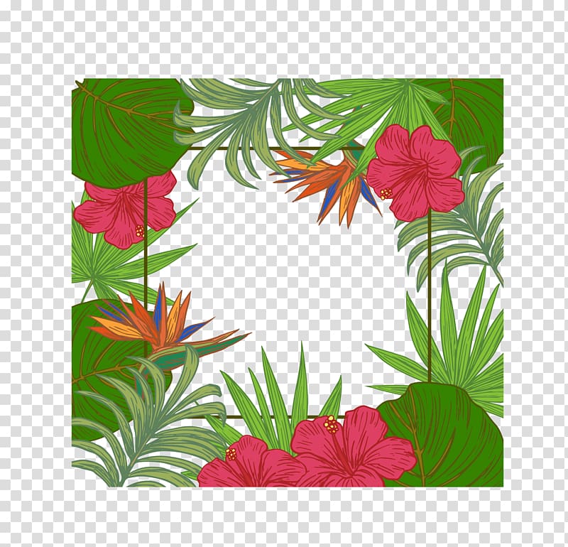 red and green flowers digital illustration, Leaf Arecaceae Tree , Palm leaves border transparent background PNG clipart