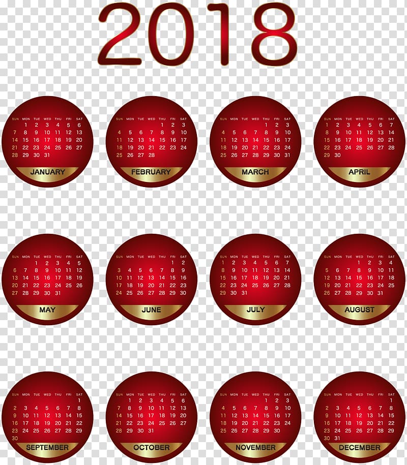 red and gold 2018 calendar, Calendar , 2018 Calendar Red transparent background PNG clipart