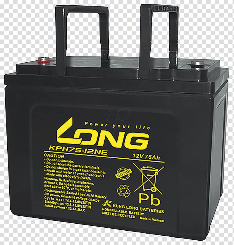 Lead–acid battery Rechargeable battery Electric battery VRLA battery Kung Long Blei-Gel-Akku KPH75-12NE, battery acid transparent background PNG clipart