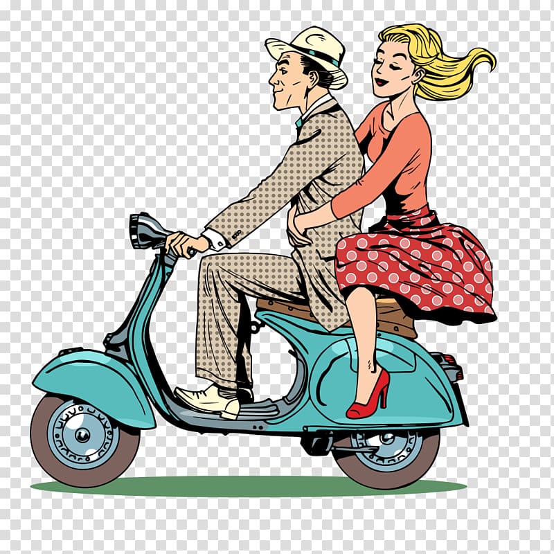 man riding motor scooter with woman illutstration, Scooter Piaggio Vespa Motorcycle, Motorcycle couple transparent background PNG clipart