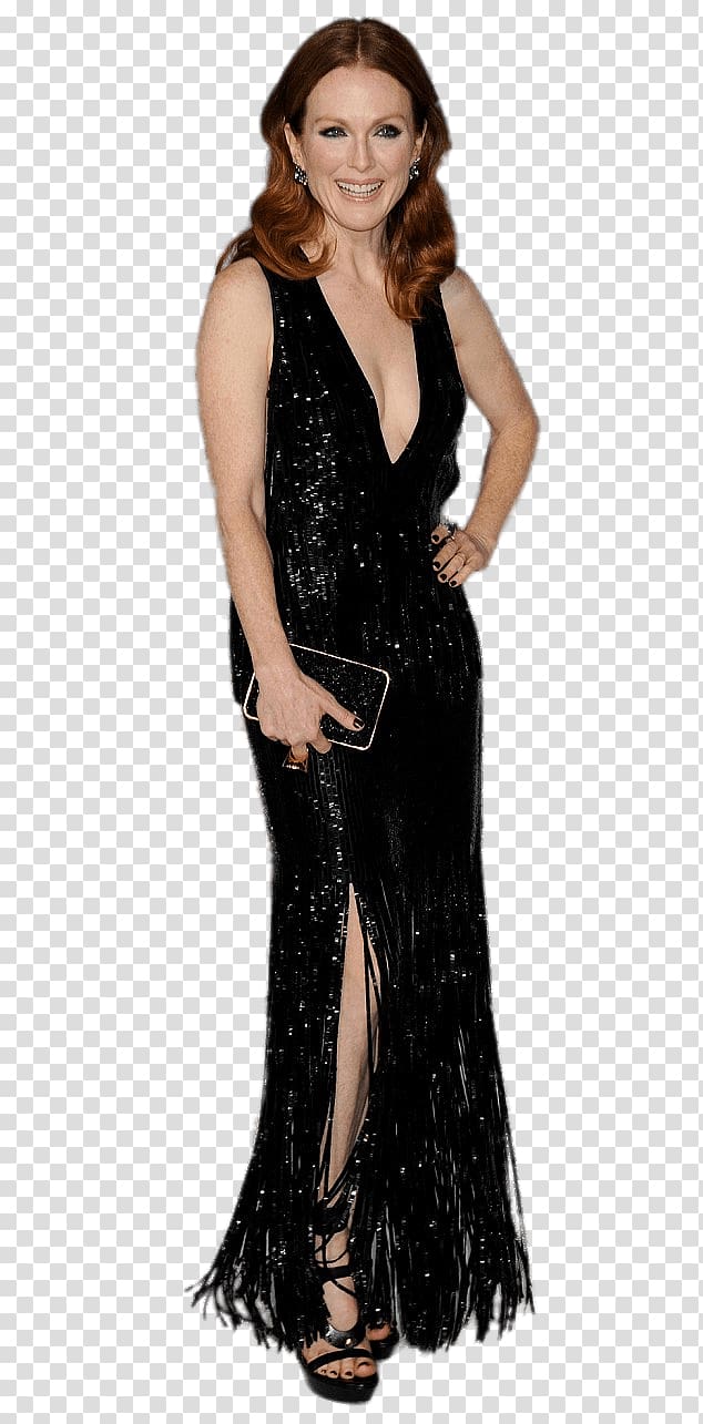 smiling woman wears glittered black deep V-neck sleeveless dress, Julianne Moore Black Dress transparent background PNG clipart