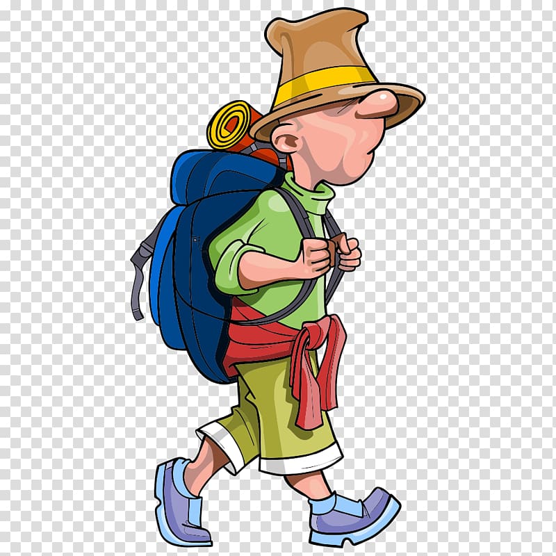 man carrying backpack illustration, Backpacking Travel Cartoon, Backpacking People transparent background PNG clipart