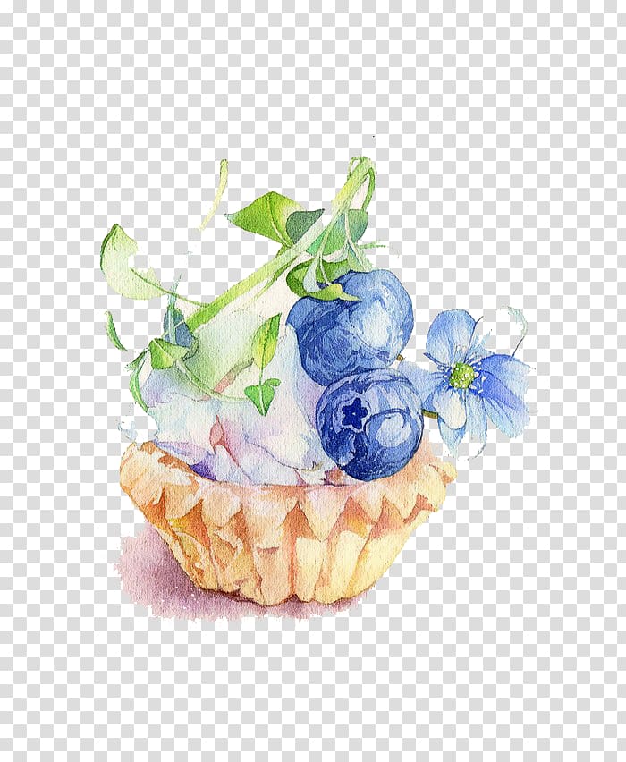 brown and blue petaled flower, Cupcake Watercolor painting Blueberry Illustration, Blueberry cake material transparent background PNG clipart