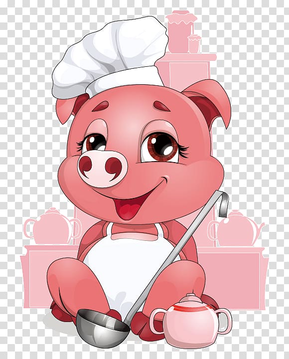 pink pig chef illustration, Domestic pig Chef, Chef Pig transparent background PNG clipart