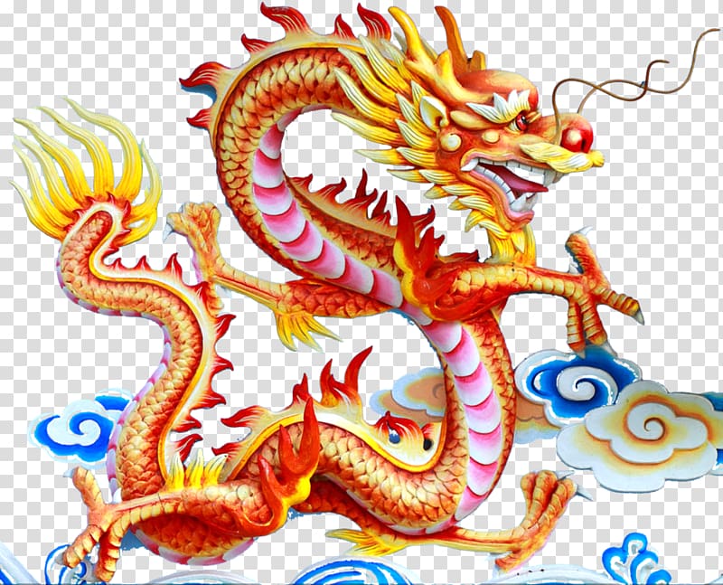 red and yellow dragon illustration, China Chinese dragon Chinese zodiac Fire, Chinese dragon and clouds waterlines transparent background PNG clipart