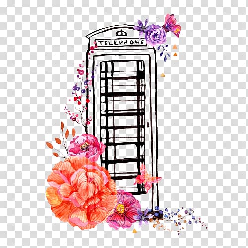 black telephone boot , London Telephone booth Watercolor painting Illustration, Hand-painted style telephone booth pattern artwork transparent background PNG clipart