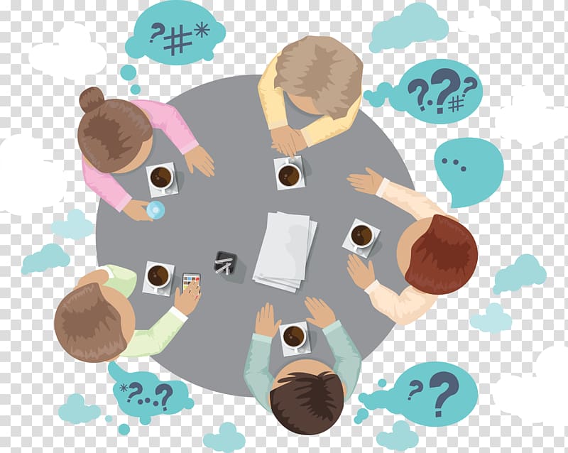 five person sitting down beside table illustration, Meeting, The initial group discussion. transparent background PNG clipart