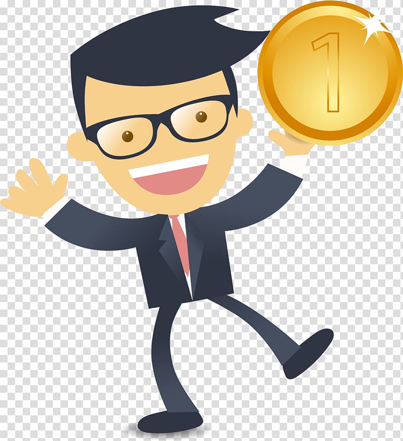 man in formal suit and 1 gold coin illustration, Wealth Money Salary Business Life insurance, Wealth businessman cartoon character transparent background PNG clipart