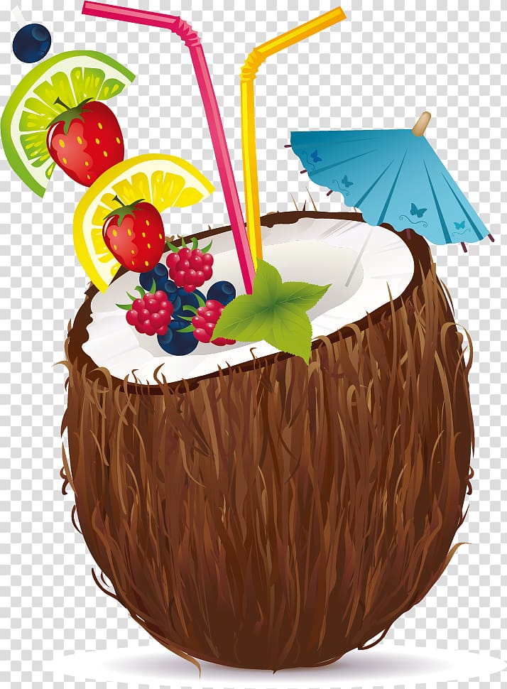 coconut husk with fruits and cocktail illustration, Juice Cocktail Coconut water Coconut milk , Coconut material transparent background PNG clipart