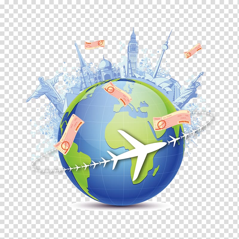 Earth with landmarks atop illustration, Globe World map Earth Travel, Global Travel transparent background PNG clipart