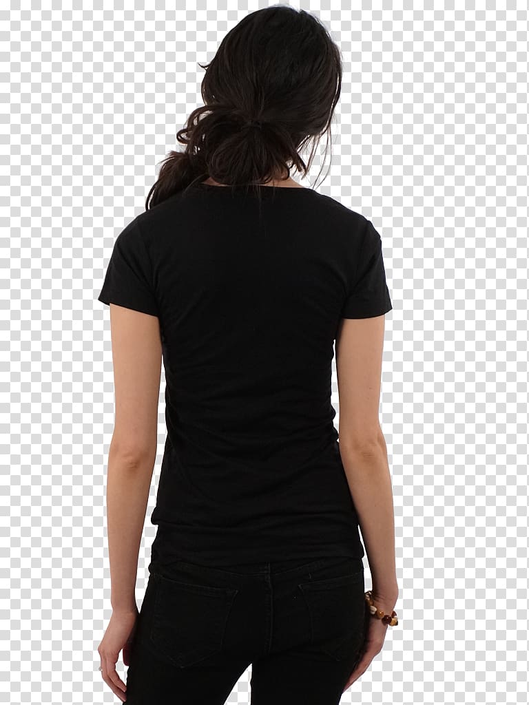 woman wearing black t-shirt facing backwards, T-shirt Girl Woman, back transparent background PNG clipart