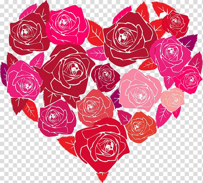 red and pink rose flower forming heart art, Valentine\'s Day heart-shaped hand-painted roses transparent background PNG clipart