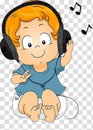 cartoon version of children wearing headphones, listening to music transparent background PNG clipart