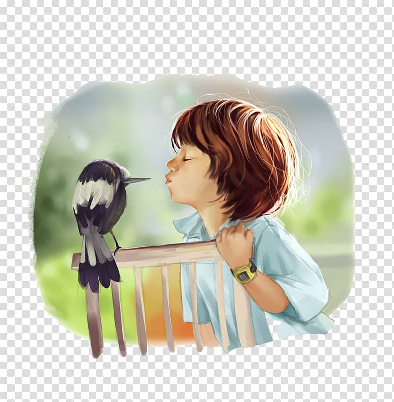 Illustration, The little boy kissing birds warm material transparent background PNG clipart