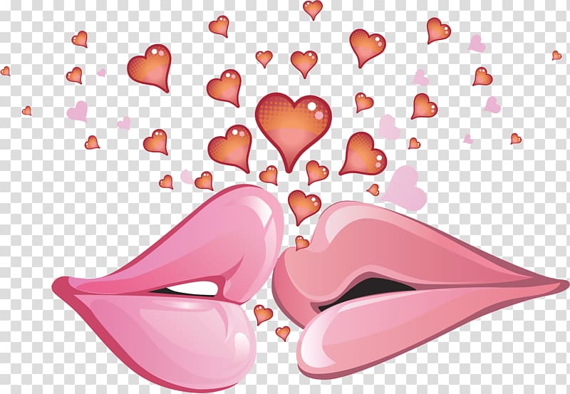 two pink lips kissing and red hearts, Valentine\'s Day International Kissing Day Love Gift , Lips and Hearts transparent background PNG clipart