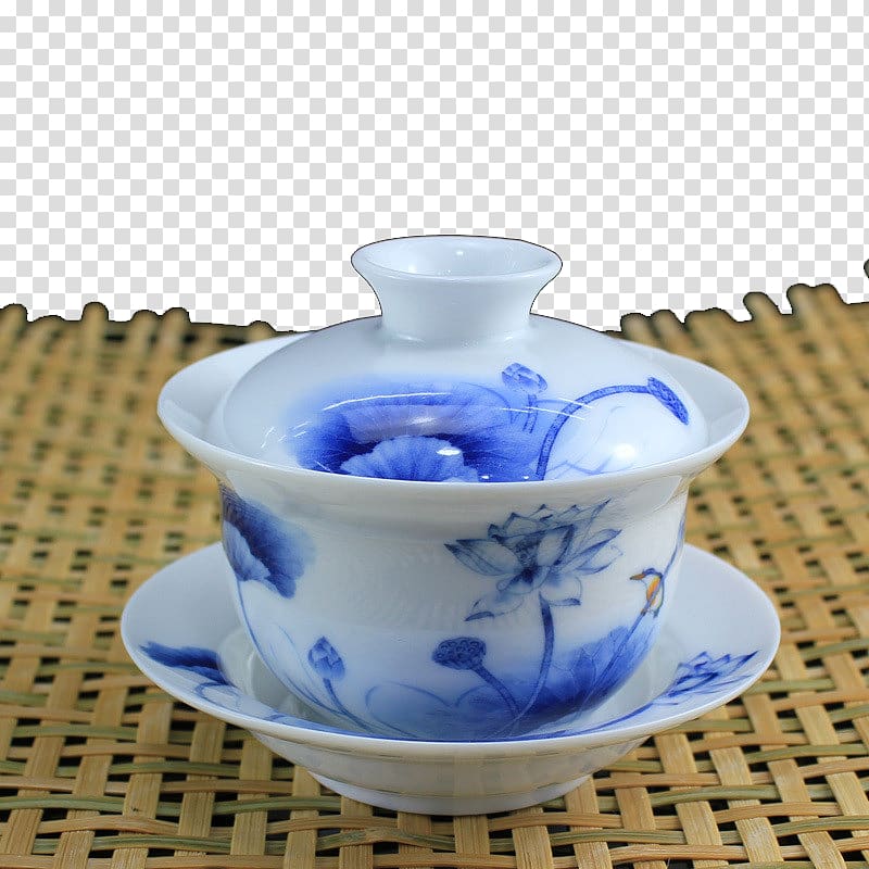 Wuyi tea Da Hong Pao Coffee cup Teapot, Blue and white covered tea cup on a bamboo mat transparent background PNG clipart