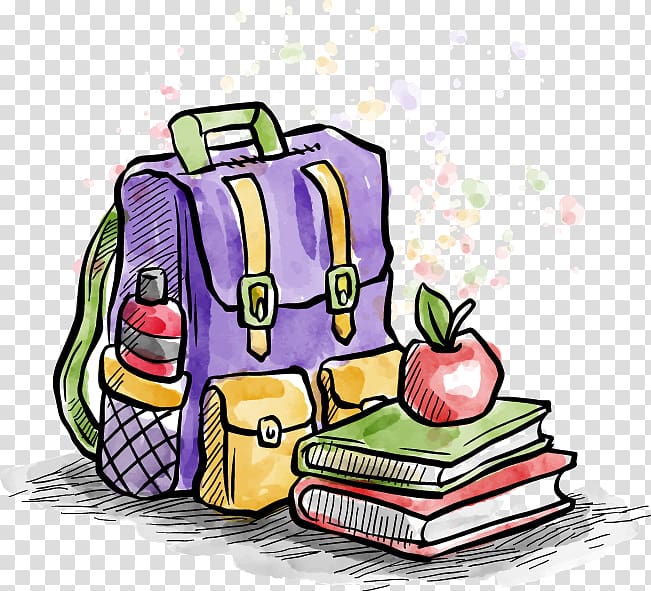 Cartoon Estudante, Apple pattern hand-painted bags books transparent background PNG clipart