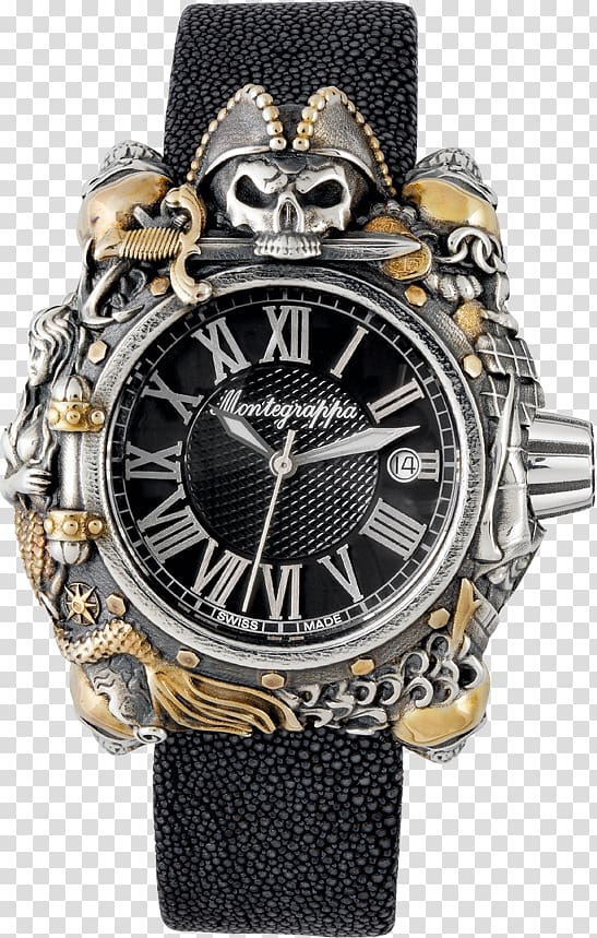 Automatic watch Montegrappa Silver ETA SA, gold skull cufflinks transparent background PNG clipart