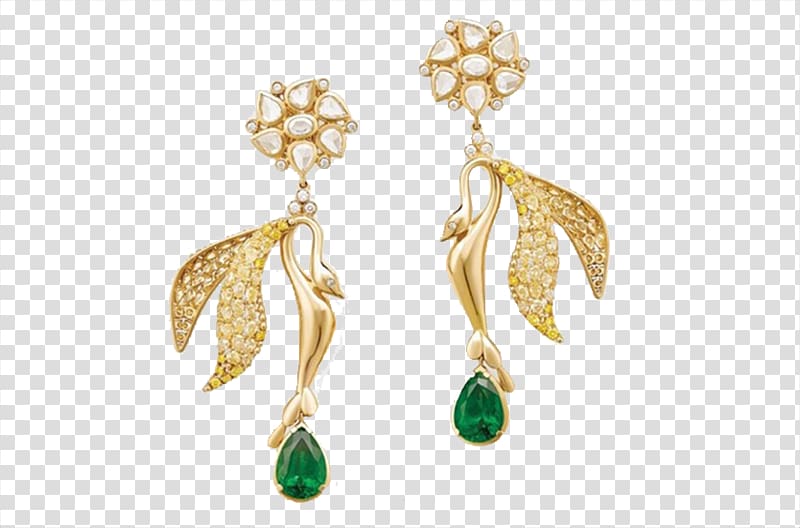 pair of jeweled gold-colored drop earrings, Earring Emerald Jewellery Gemstone Diamond, Emerald Earrings transparent background PNG clipart