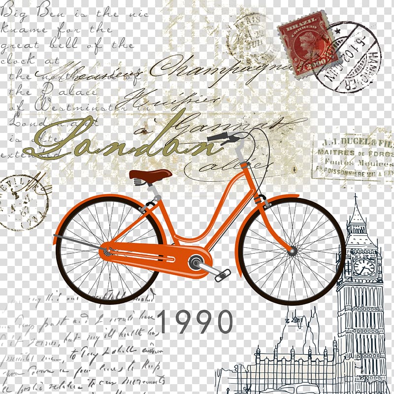 orange city bicycle illustration with text overlay, Painting Bicycle Vintage clothing, Bicycle with postmark stamp transparent background PNG clipart