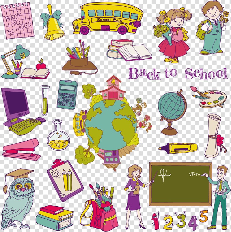 Student School Cartoon Illustration, Hand-drawn cartoon school supplies material , blackboard, transparent background PNG clipart