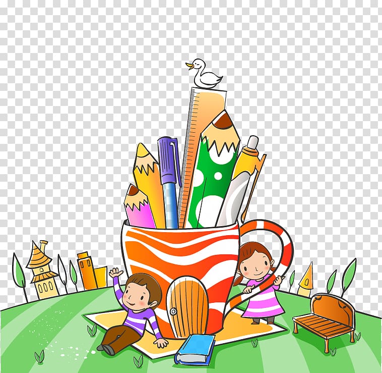 boy and girl near teacup house illustration, Child School Cartoon Illustration, two pen against children transparent background PNG clipart
