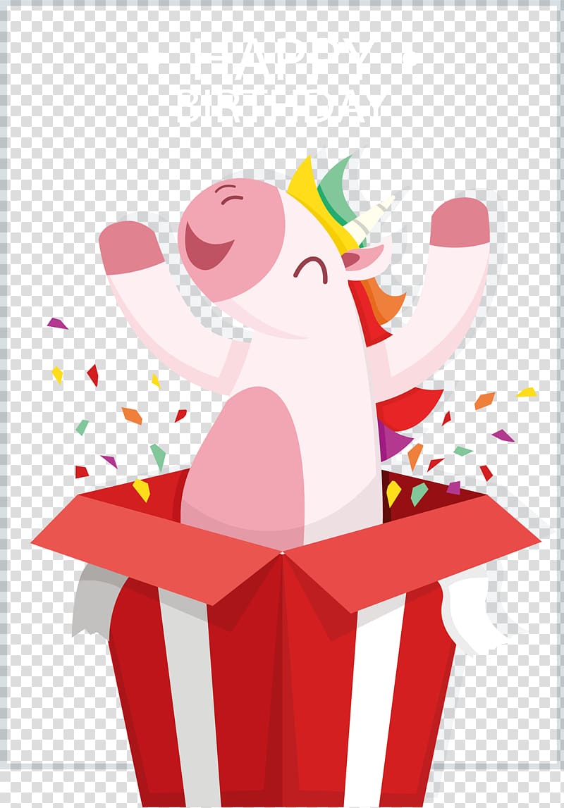 T-shirt Gift Birthday Unicorn Greeting card, Unicorn in the gift box transparent background PNG clipart