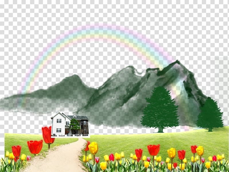 Shan shui Chinoiserie Ink wash painting Illustration, Rainbow Castle hut after transparent background PNG clipart