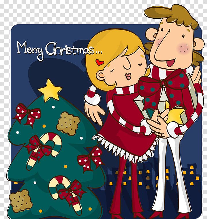 Christmas Illustration, Hugging couple transparent background PNG clipart
