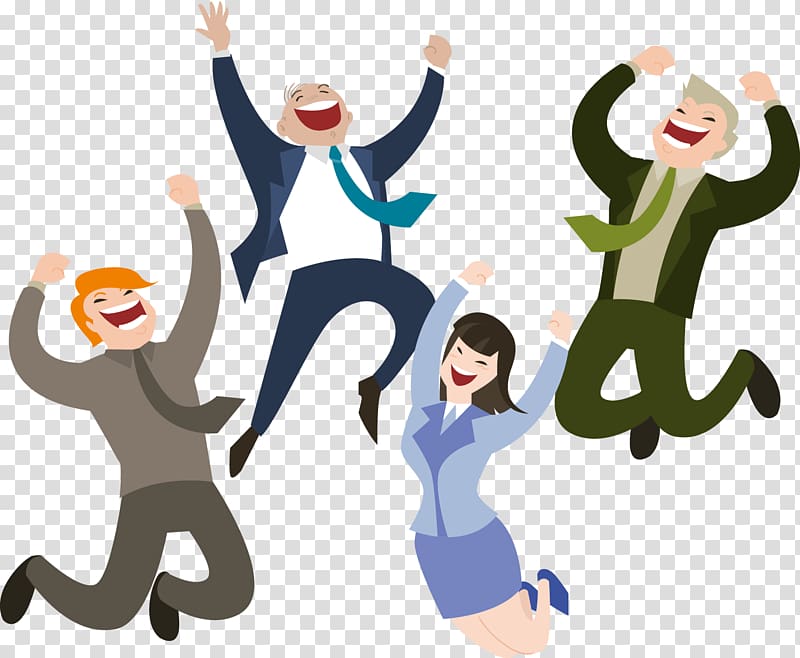 three men and one woman s, Web development Customer Happiness Business , Happy people jumping transparent background PNG clipart