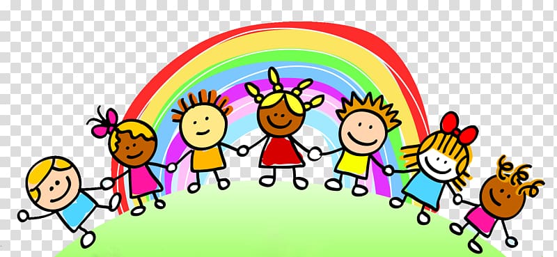 children holding hands standing on ground illustration, Child care Rainbow Pre-school , children playing transparent background PNG clipart