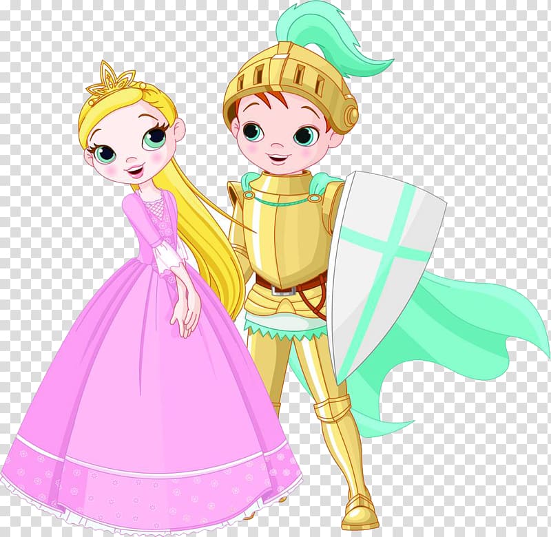 Knight Princess Cartoon Illustration, The prince and the princess with the shield transparent background PNG clipart