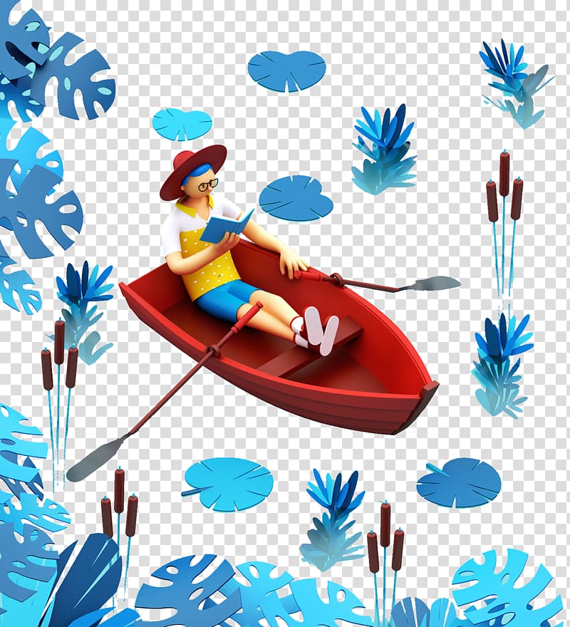 Illustrator 3D computer graphics Behance Illustration, Cartoon three-dimensional stereoscopic lotus leaf boat people transparent background PNG clipart