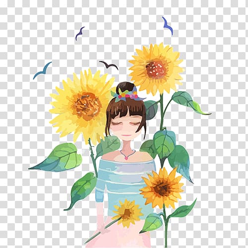 Watercolor painting Cartoon Common sunflower Illustration, Yellow cartoon hand painted sunflower girl illustration transparent background PNG clipart