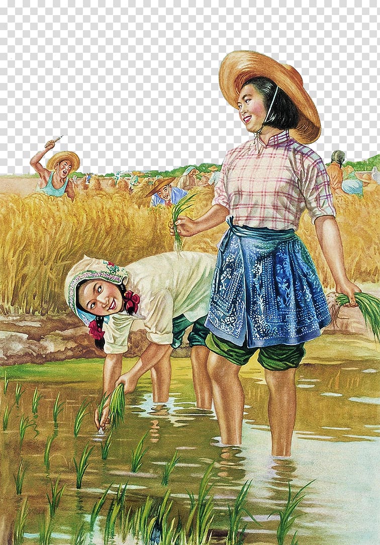 China Cultural Revolution, Rural women who cut wheat in hand painted during the Cultural Revolution transparent background PNG clipart