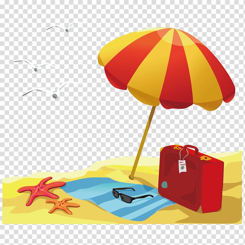 red and yellow patio umbrella near red suitcase illustration, Child Summer Illustration, Beach Holiday transparent background PNG clipart