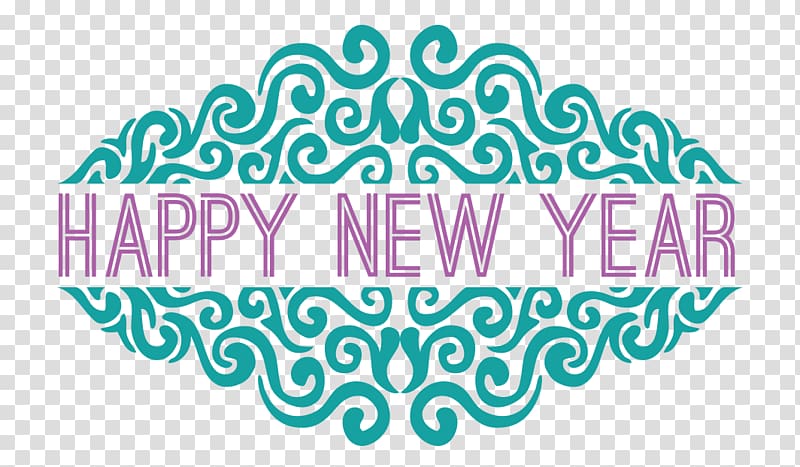 blue background with happy new year text overlay, Happy New Year Ornate transparent background PNG clipart