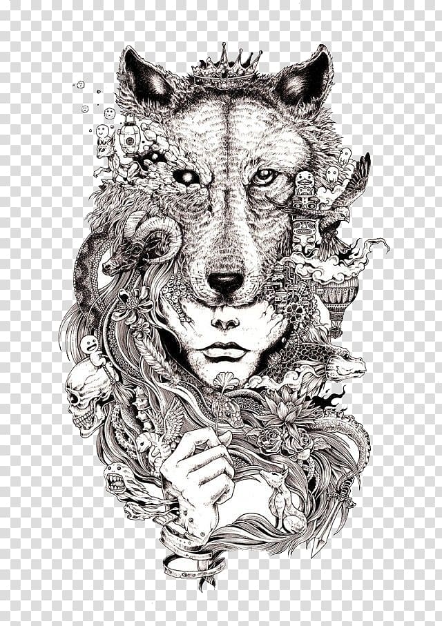 grey and white animal and human head , Gray wolf Drawing Art Sketch, Woman with a lion mask transparent background PNG clipart