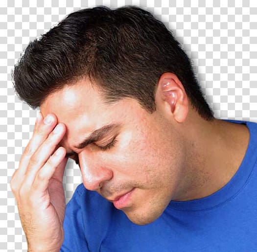 man wearing blue crew-neck T-shirt touching forehead, Neck pain Tension headache Migraine Temple, pain transparent background PNG clipart