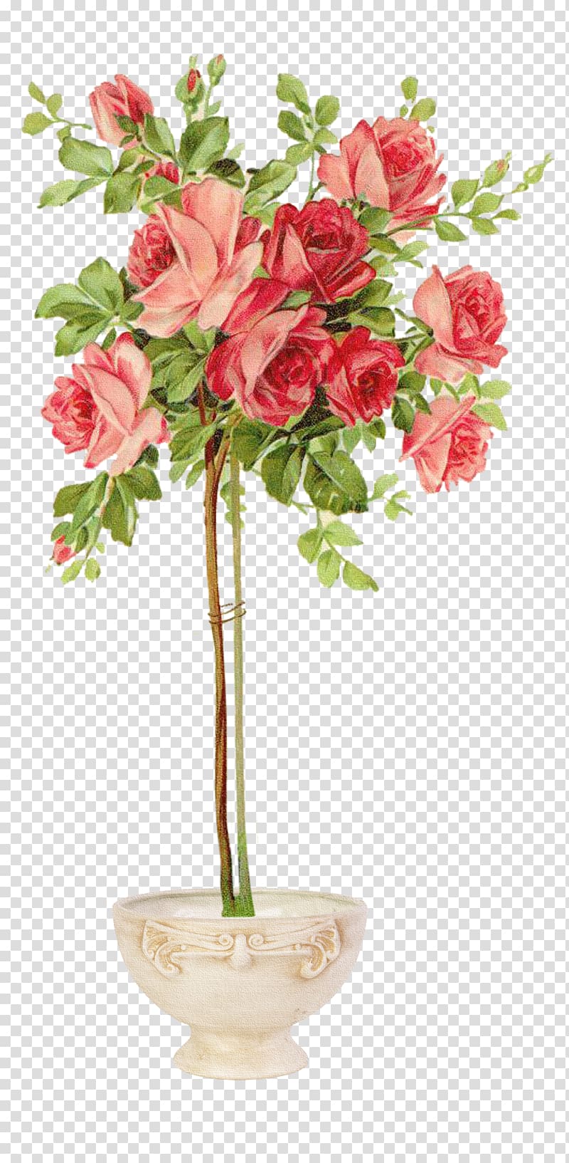 pink and red roses topiary , Vintage clothing Rose Shabby chic Easter postcard, flower pot transparent background PNG clipart